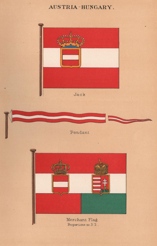 AUSTRIA-HUNGARY FLAGS. Jack. Pendant. Merchant Flag 1916 old antique print